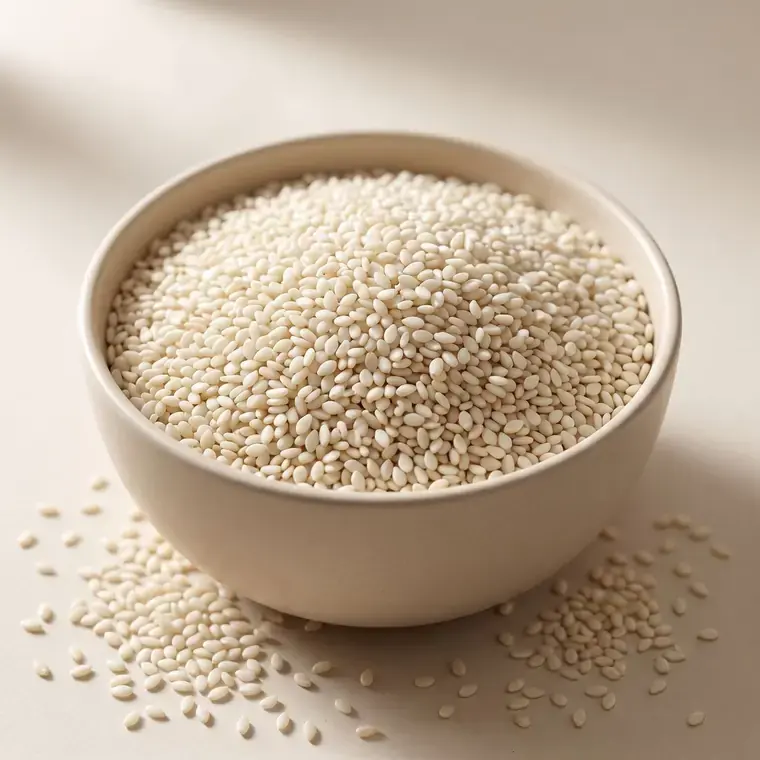 Hulled white sesame seeds ready for packing