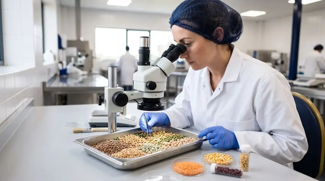 Quality control staff inspecting grain samples in the laboratory
