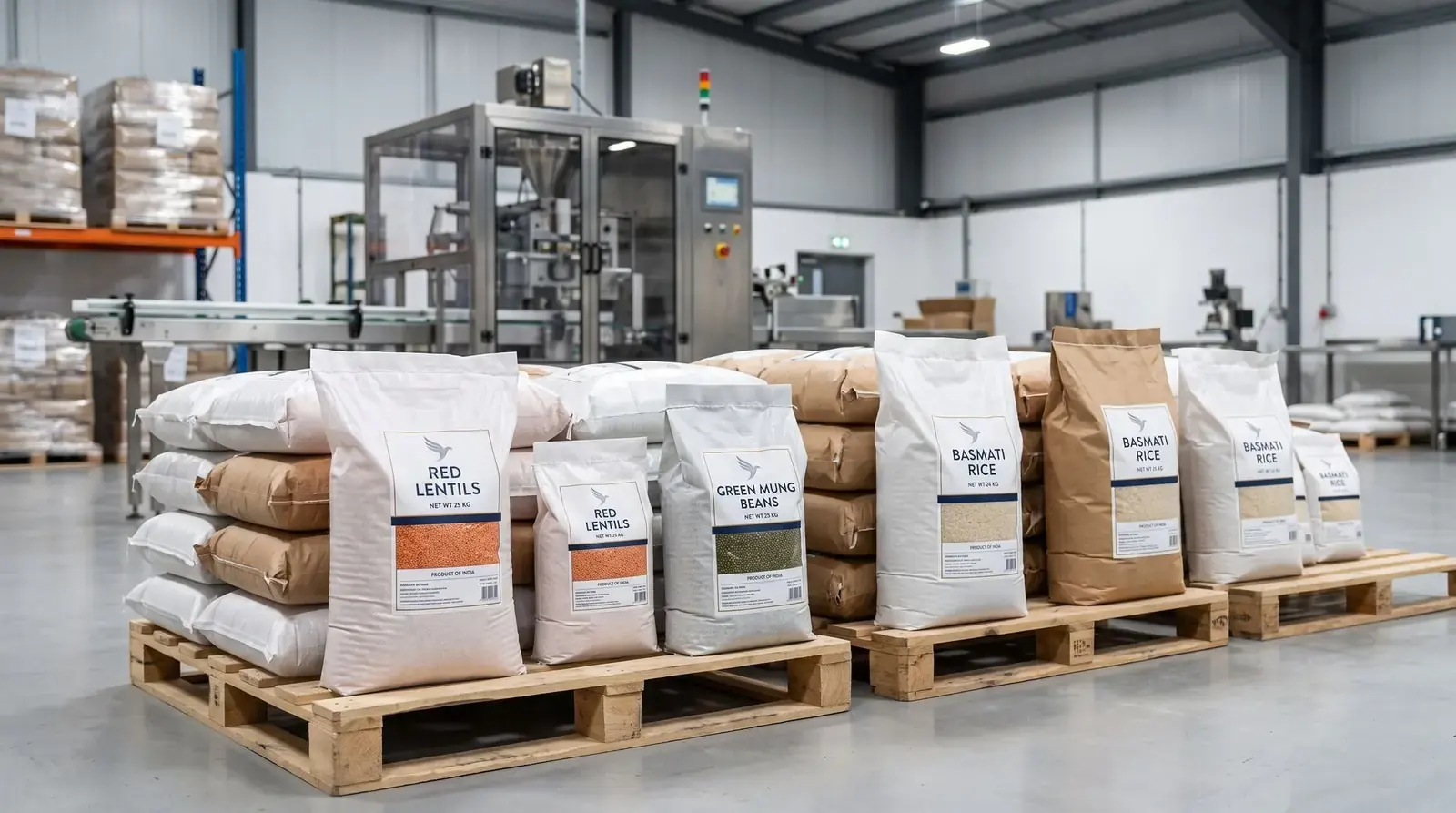 Packaged and labelled product sacks ready for dispatch in the warehouse