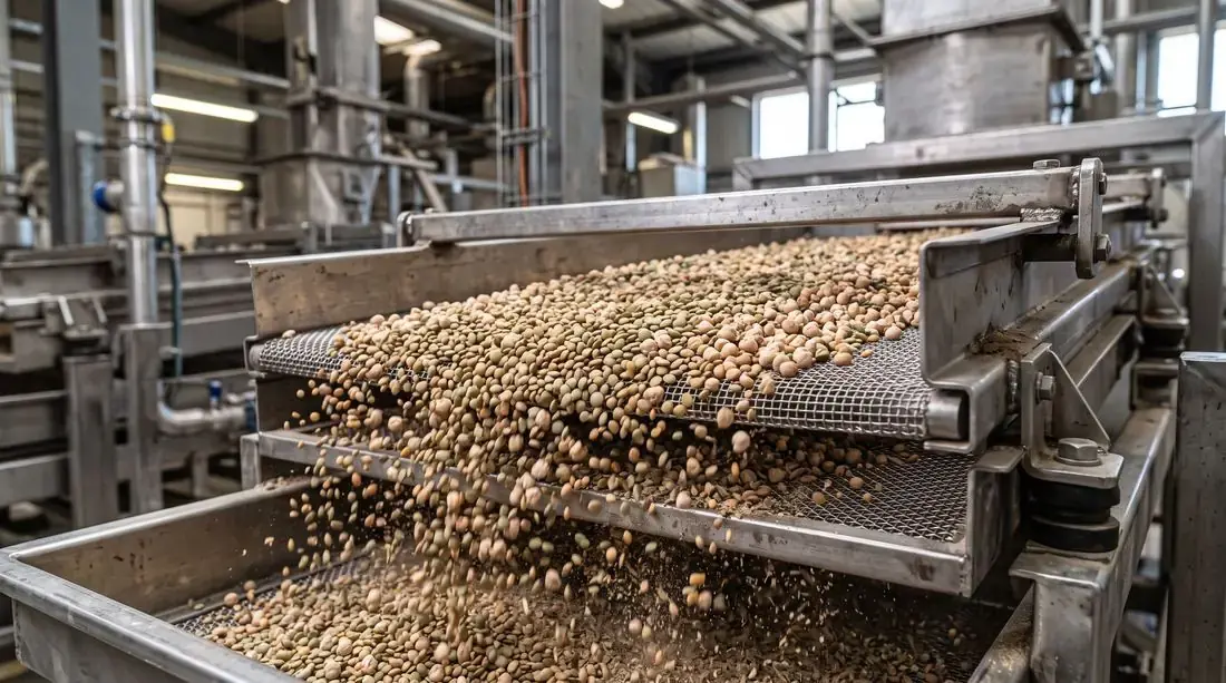 Grain being cleaned and sieved on stainless steel processing equipment