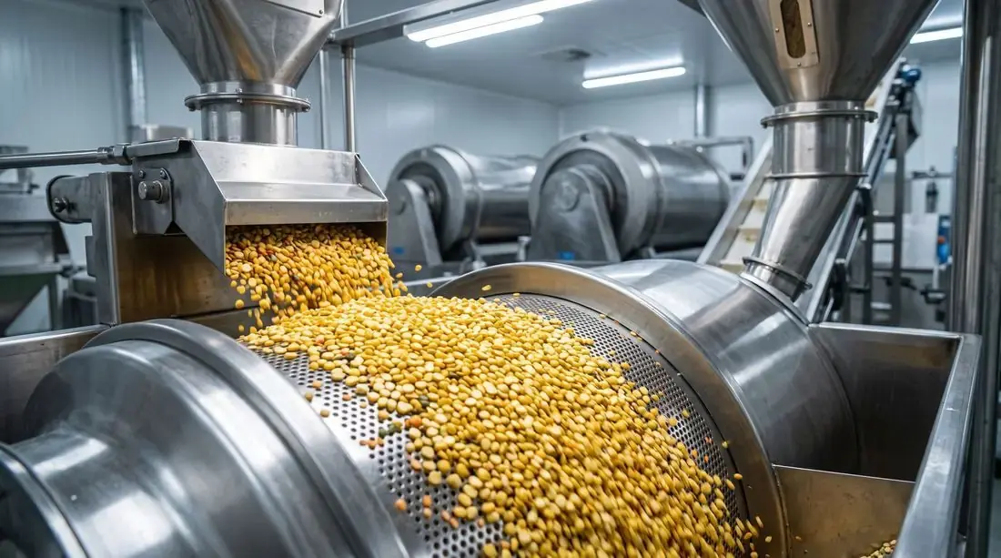 Split pulses being polished in a rotating drum machine