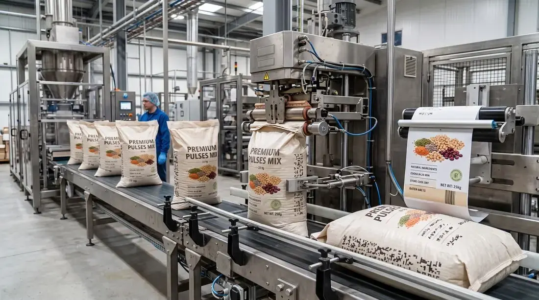 Automated packing line sealing food-grade sacks