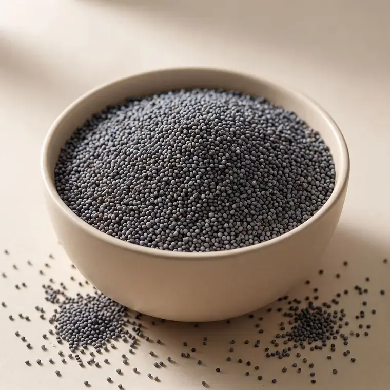 Cleaned white poppy seeds in a bulk container